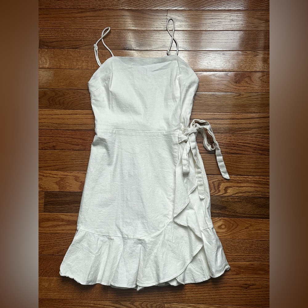 Express Ivory Linen Tie-Waist Cami Mini Dress Ruffle
